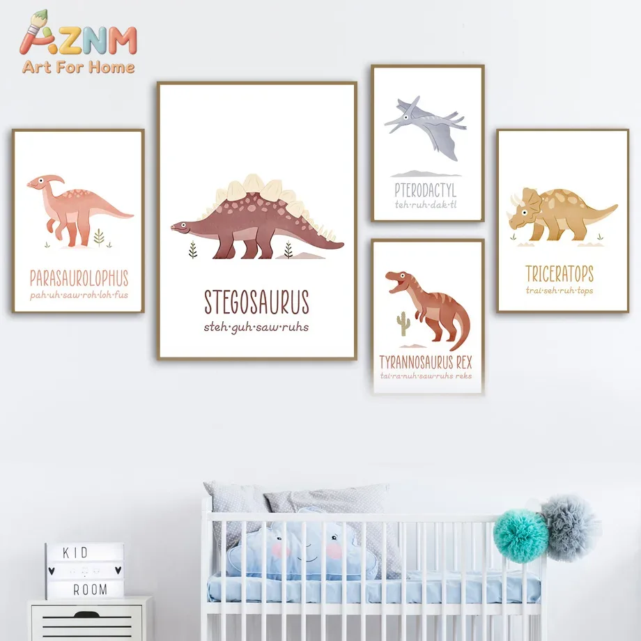 Kids Educational Posters - AZNM Cute Watercolor Dinosaur Canvas Wall