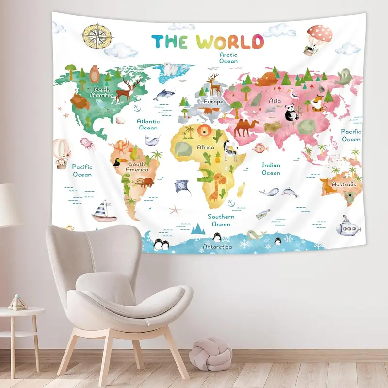 Kids Education Nursery - VIKAMA Kids World Map Tapestry with
