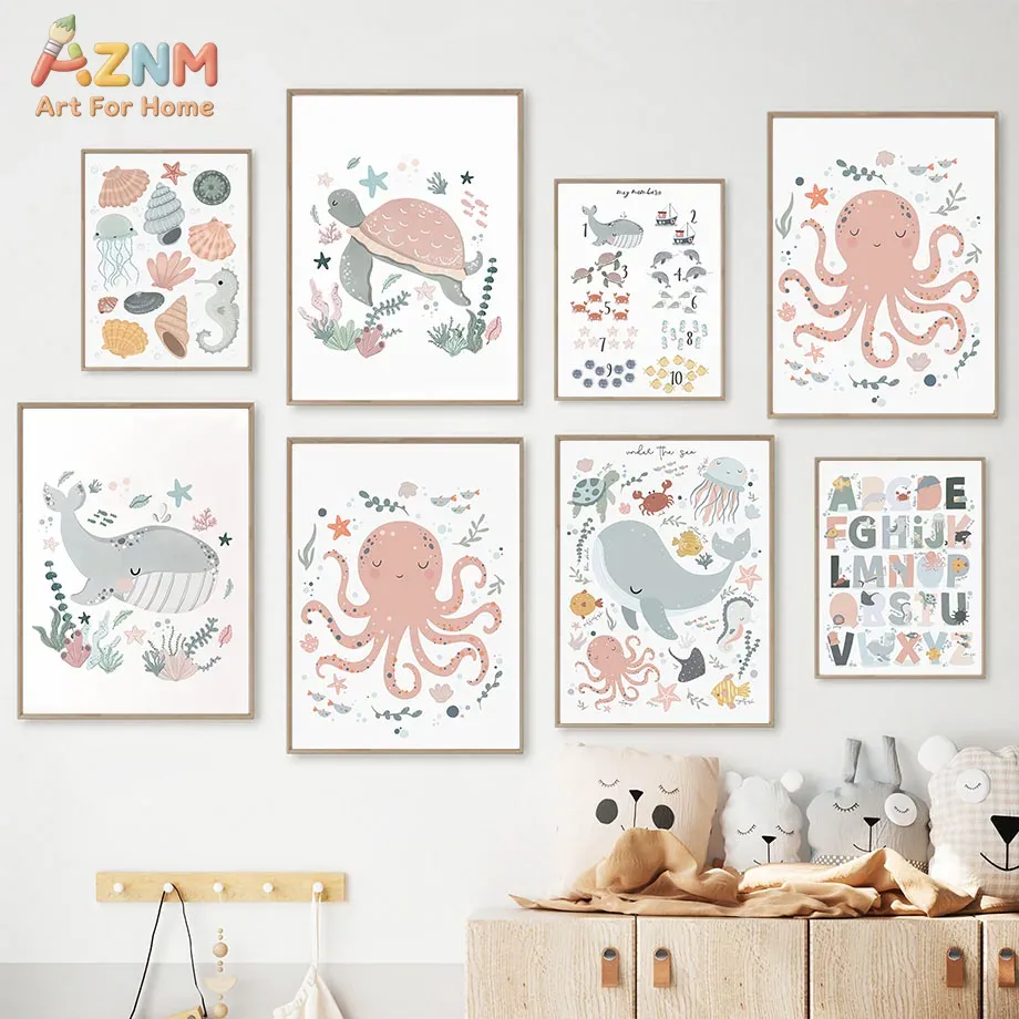 AZNM Nursery Sea Animal Canvas - Kids Educational Posters 评论和价格