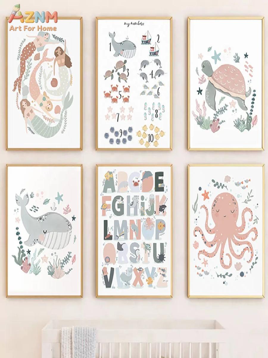 AZNM Nursery Sea Animal Canvas - Kids Educational Posters 评论和价格